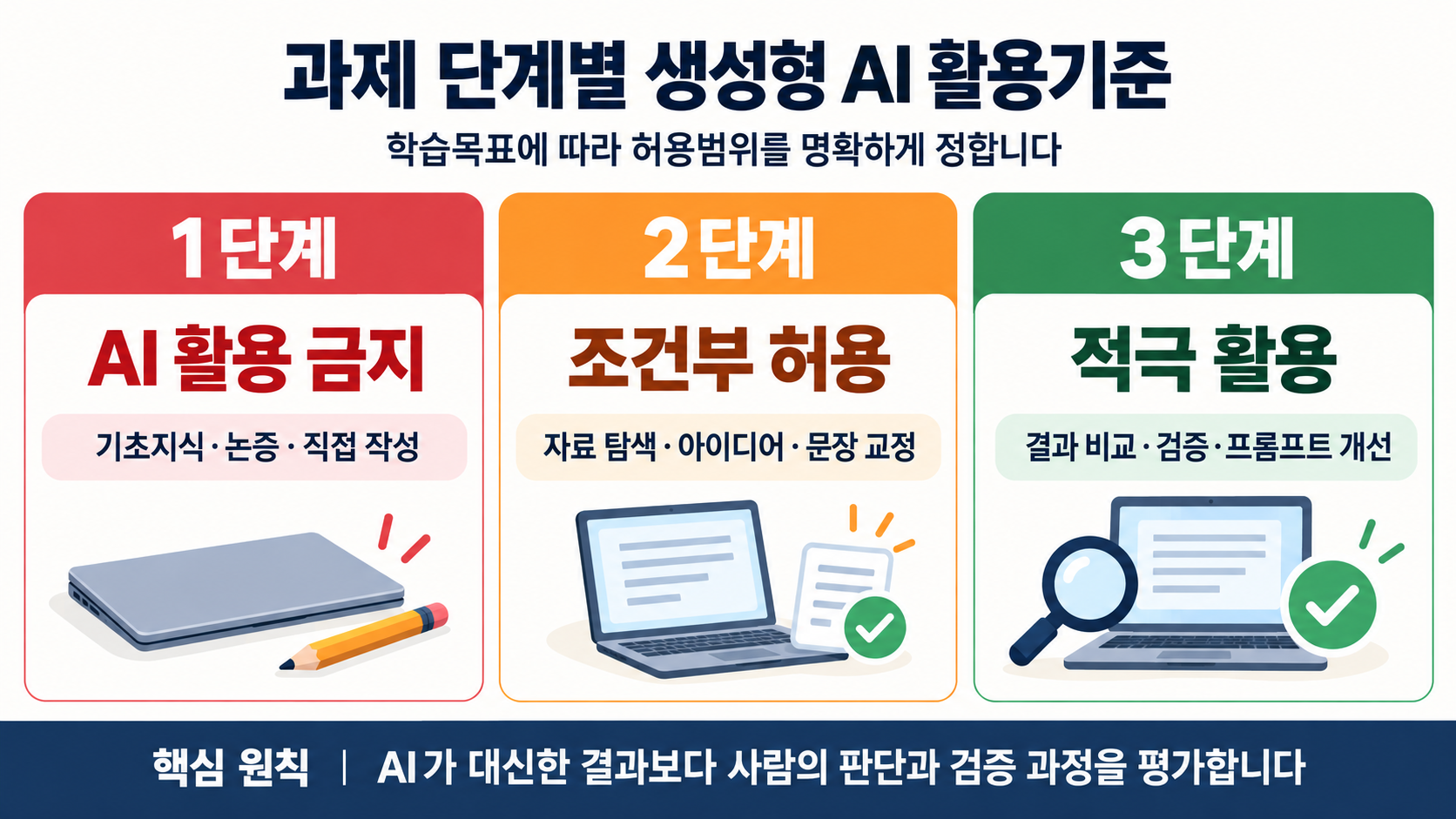 과제에서 생성형 AI 활용을 금지, 조건부 허용, 적극 활용으로 구분한 3단계 기준